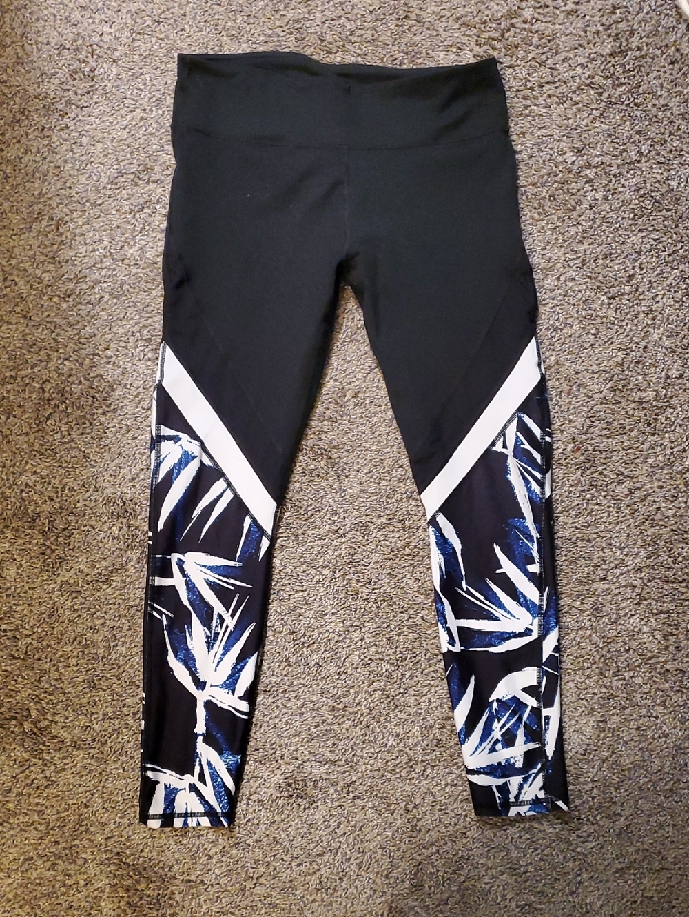 Fabletics Black Leggings with Blue White Leaf Print Accent - Picture 1 of 3